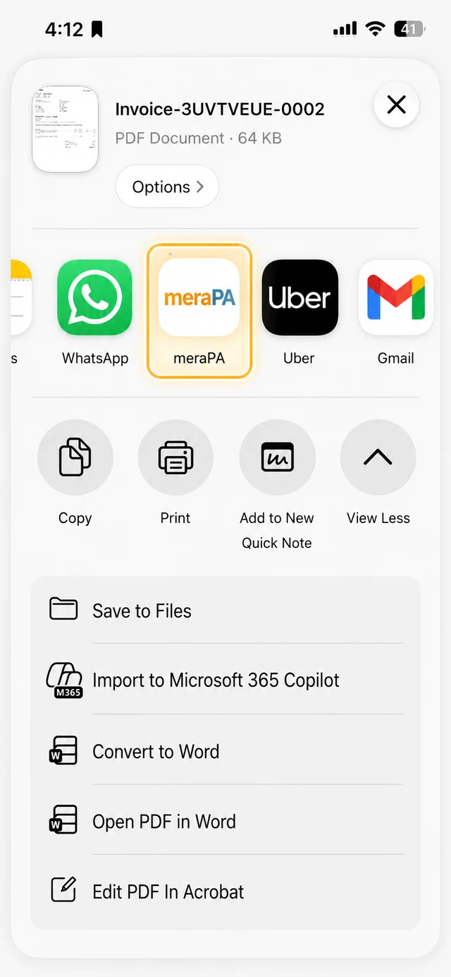 Saving a document to meraPA from the share sheet