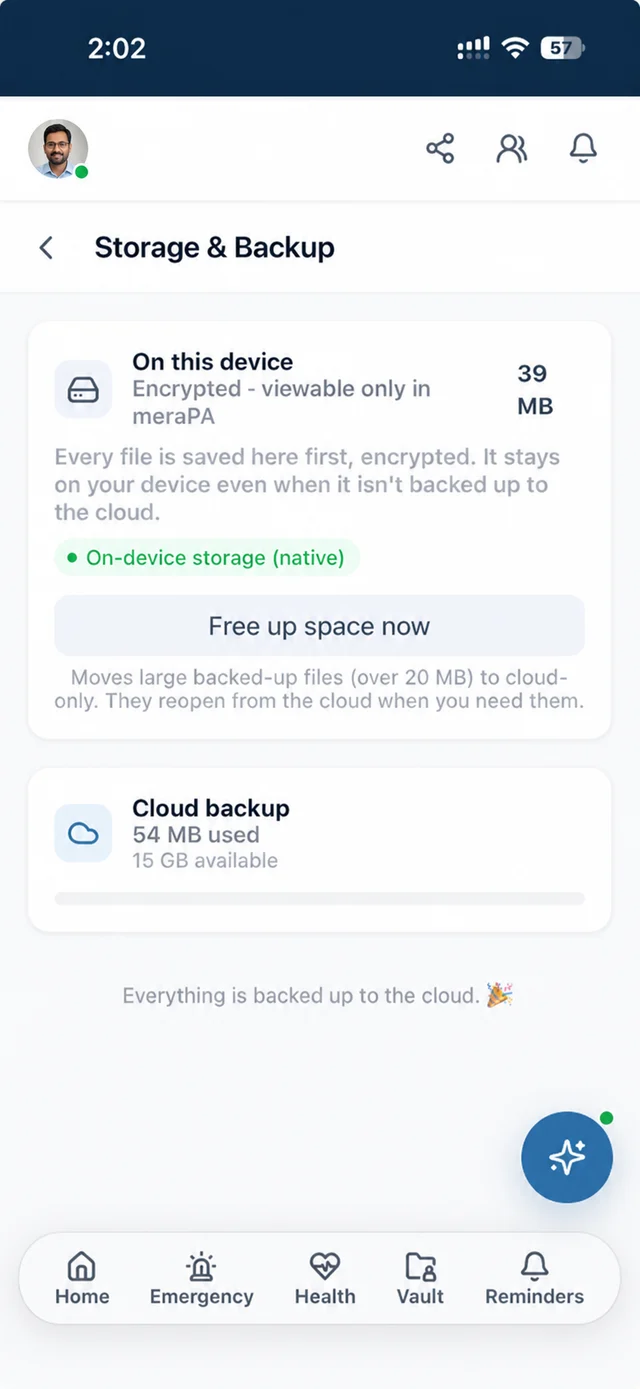 On-device storage and cloud backup